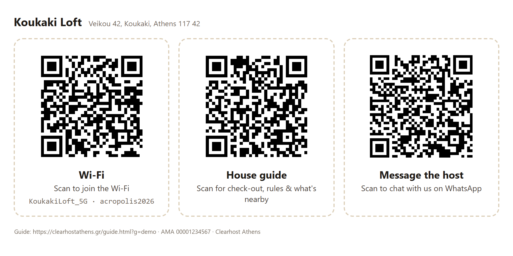 Printable sticker sheet with three QR codes: Wi-Fi, house guide, message the host